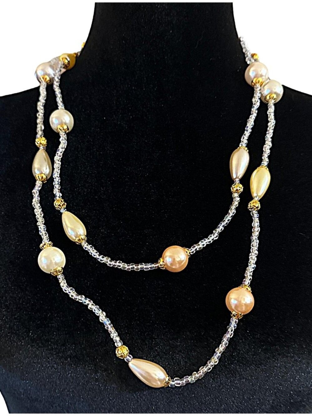 CI Avon Necklace Simulated Pearls Aurora Borealis Glass Beads 56 Inch Length